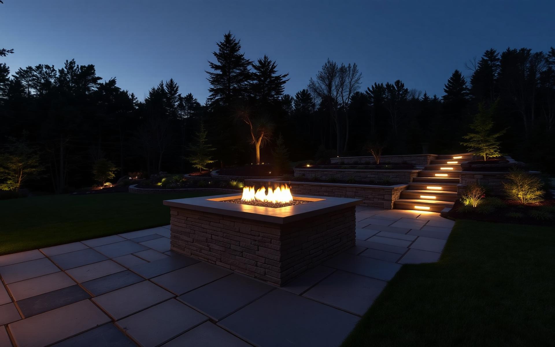 Luxury Ontario backyard patio at dusk with fire pit and stone landscaping